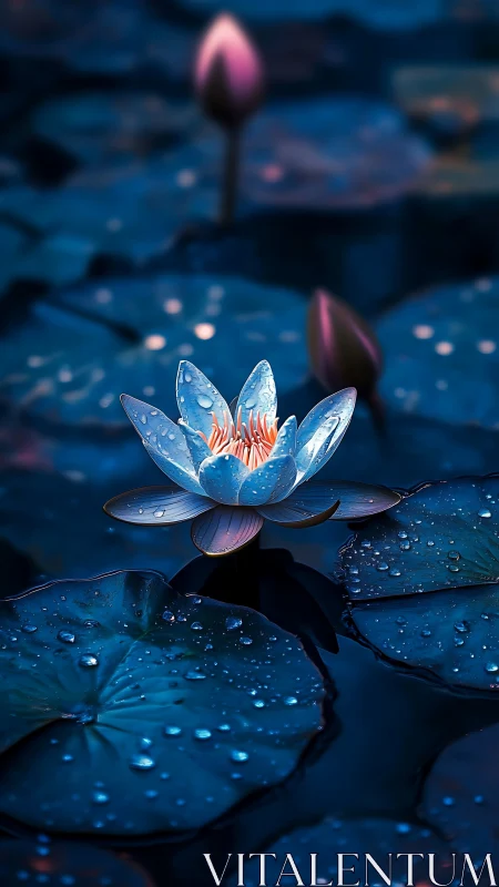 Nocturnal lotus bloom with luminous dewdrop petals.