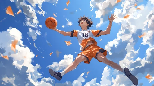 Basketball player is suspended mid-jump against clouded sky