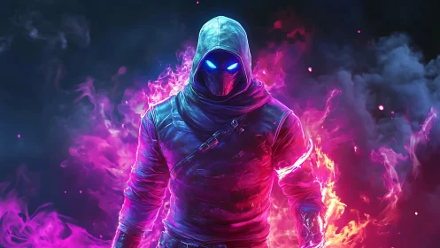 Hooded combatant in neon plasma flames with high contrast rim lighting