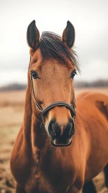 Chestnut horse portrait under soft overcast daylight with shallow DOF