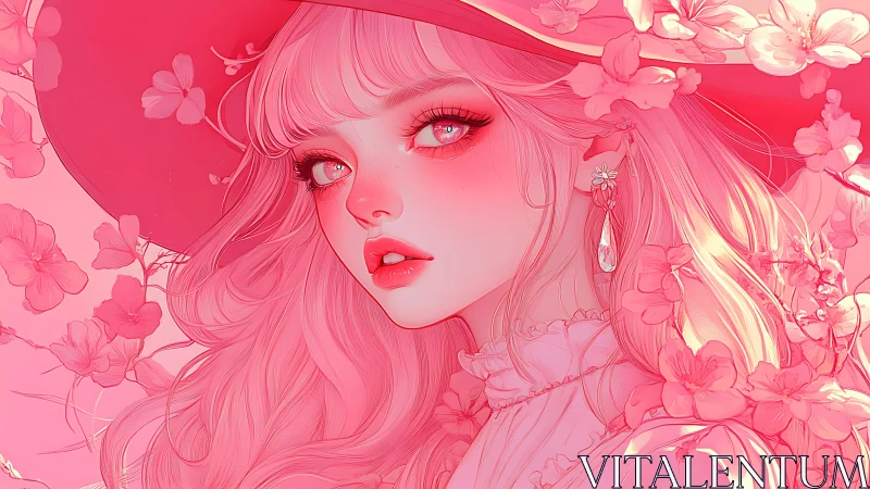 Pink haired girl with hat poses amid blooming flowers