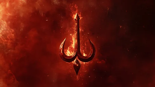 Fiery red trident emblem floating in dark inferno smoke.