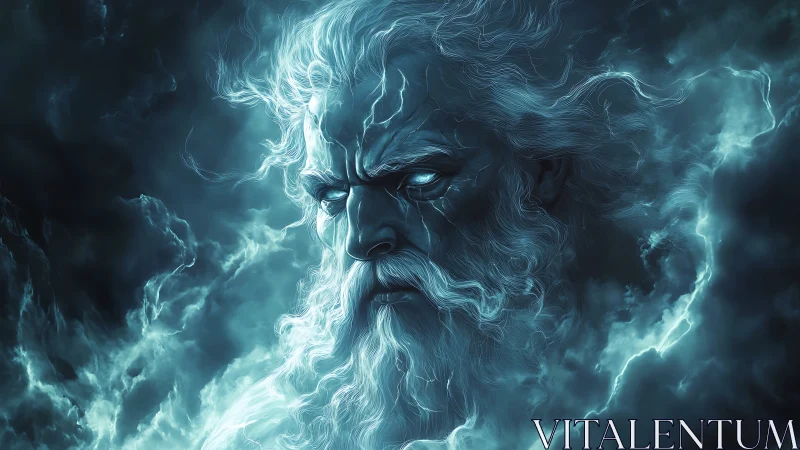 Storm-lit elderly male visage emerging from dense clouds.