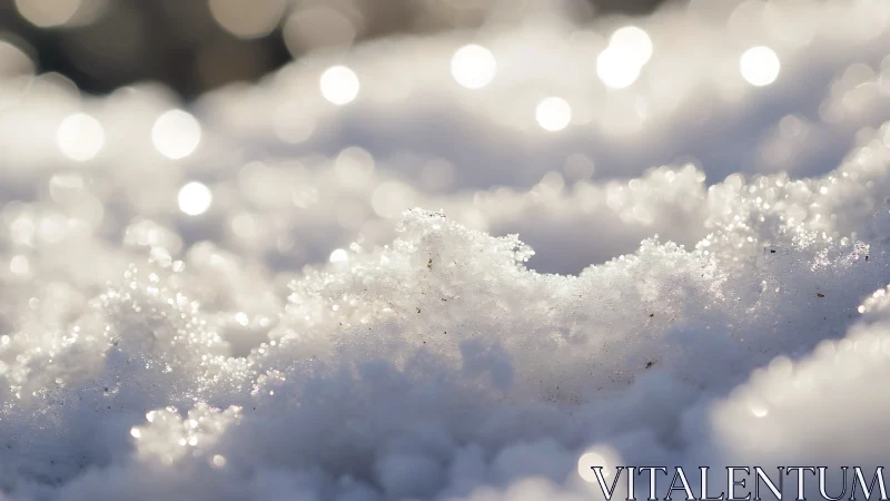 Close-up view of crystalline snow surface in soft sunlight.