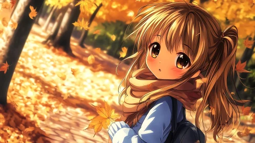 Soft-eyed anime girl walks through glowing autumn leaves