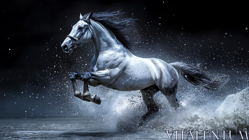 Grey horse galloping through shallow water at night.