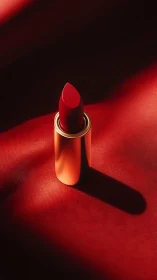 Crimson luxury lipstick standing in dramatic studio light.