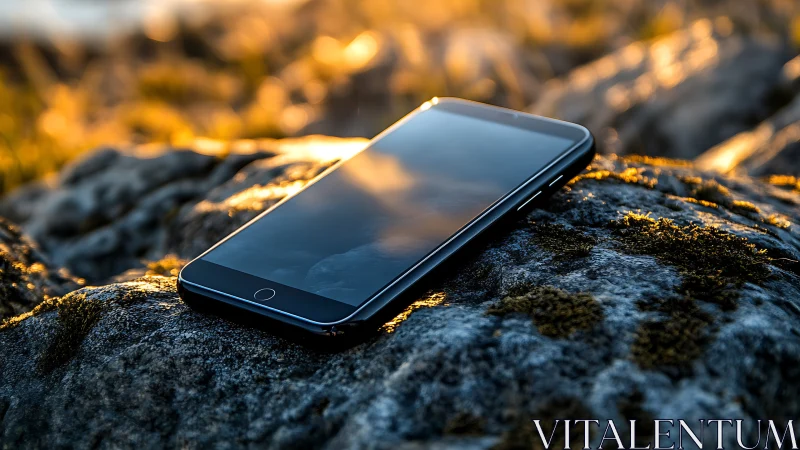 Mobile Device on Textured Stone with Golden Hour Illumination.