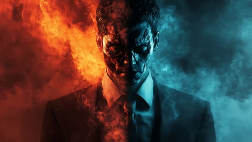 Dual-faced figure burned by fire and frozen by blue ice.