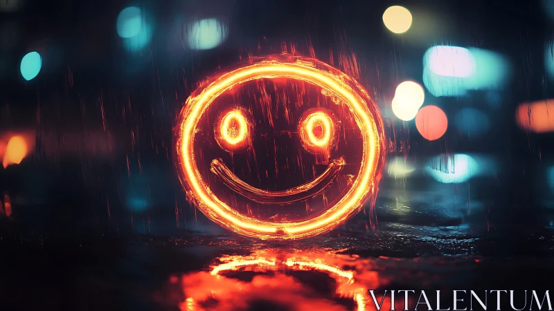 Neon rainstorm smiley blazing through midnight city drizzle.
