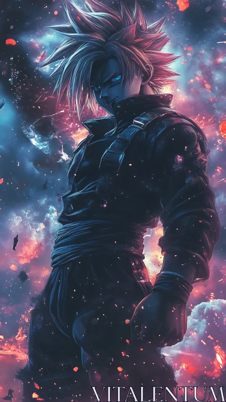 Spiky haired anime warrior stands in glowing cosmic storm