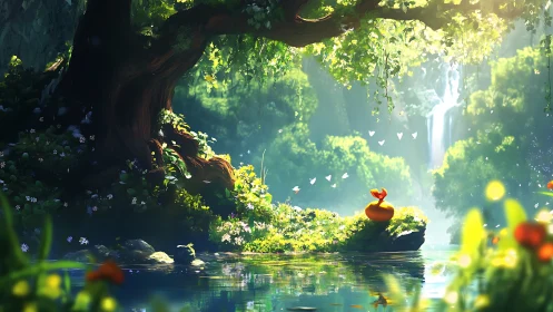 Luminous forest pool with ancient tree and waterfall vista