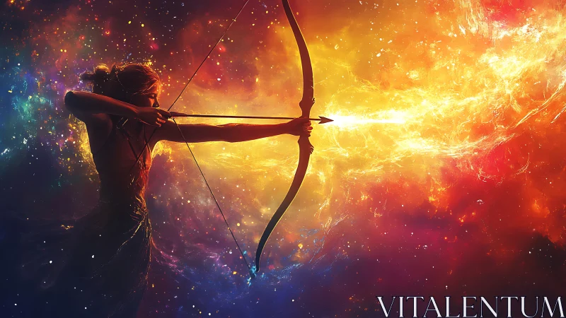 Starlit archer looses a blazing arrow across cosmic dawn.
