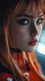 Fiery-haired pilot holds steady, teal eyes locked forward.