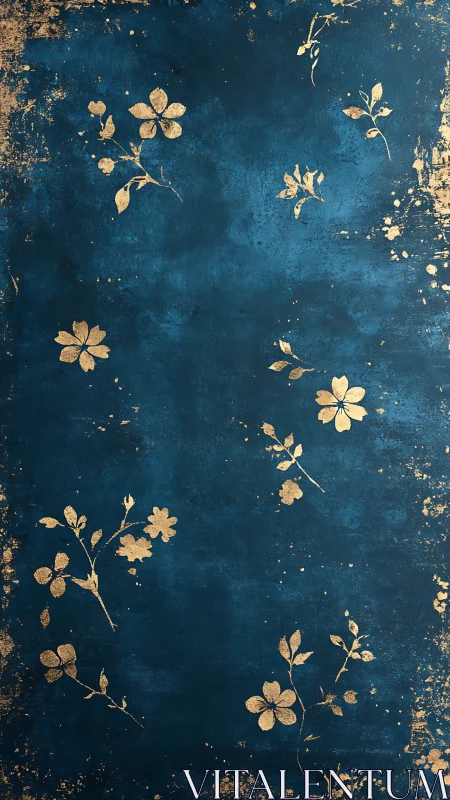 Gold floral silhouettes on textured deep blue surface.