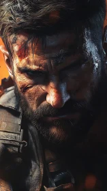 Battle-hardened soldier stares ahead, face scorched and scarred.