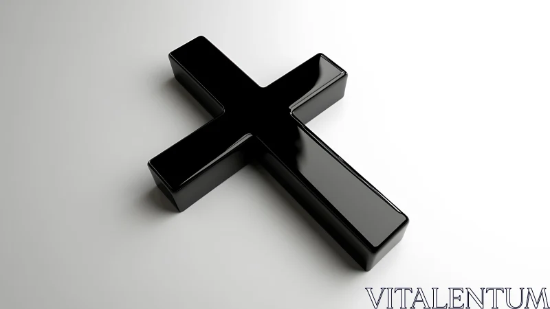 Glossy black cross in minimalist 3D studio-style composition.