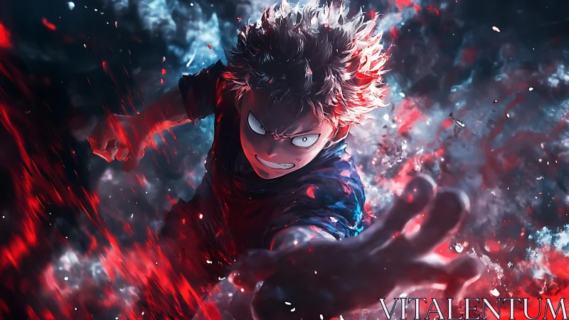 Anime hero unleashes blazing red power in dynamic charge.