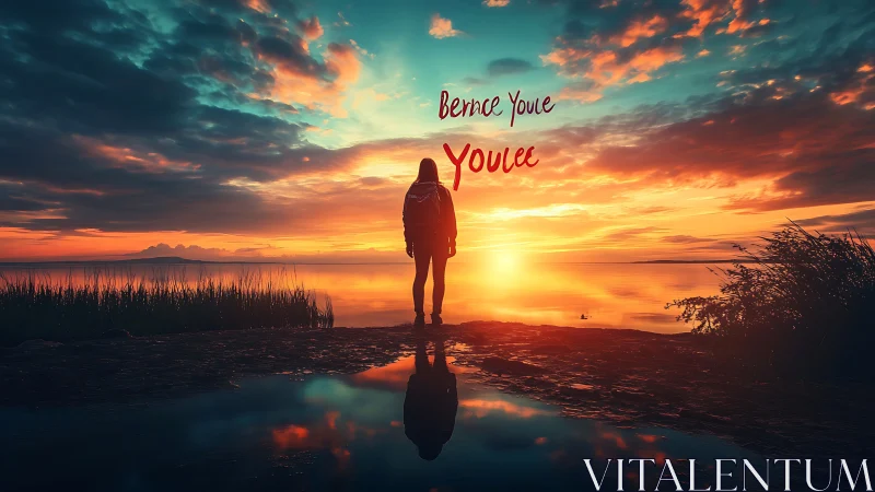 Silhouette by reflective shoreline at saturated sunset sky.