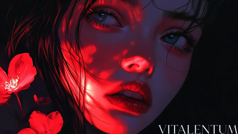Luminous red petals cast dreamy light on a thoughtful face