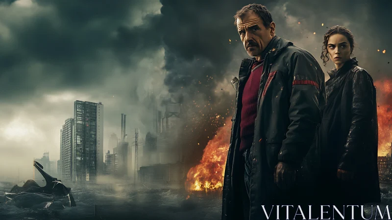 Post-collapse urban inferno with dual protagonists foregrounded.