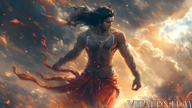 Mythic warrior stands shirtless in fiery storm clouds.