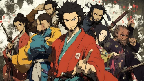 Samurai ensemble in dynamic triangular composition with ink-splatter background