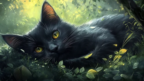Gleaming eyed black cat rests softly in a sunlit forest