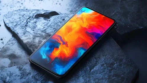Modern smartphone with vibrant abstract display on dark stone.