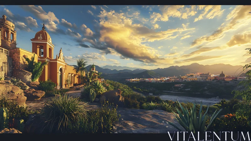 Sunlit hillside chapel watching over a glowing desert town.