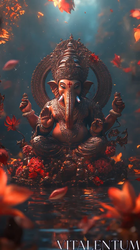 Serene Ganesha statue glowing amid drifting autumn petals.