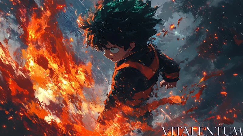Determined anime hero charges through swirling firestorm.