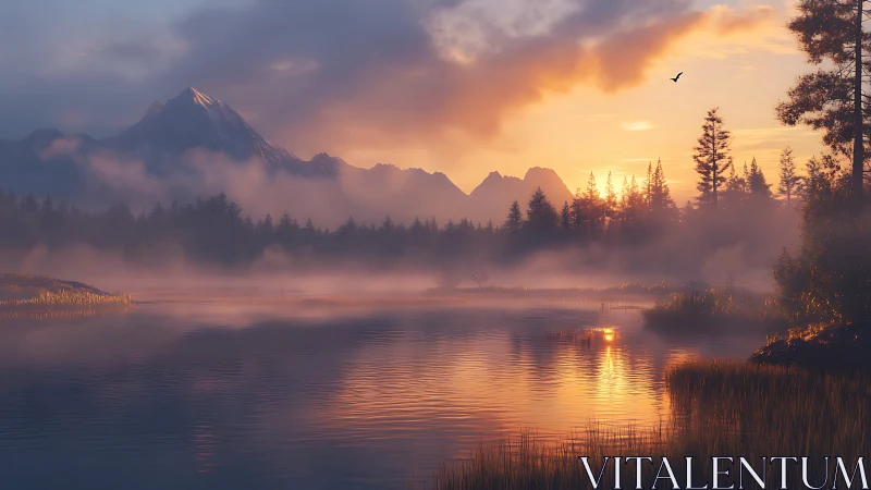 Sunlit mist moves over mountain lake and forest shoreline