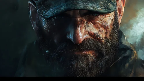 Weathered warrior’s steady gaze in a stormy twilight.