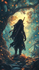 Cloaked warrior standing in glowing enchanted forest scene.