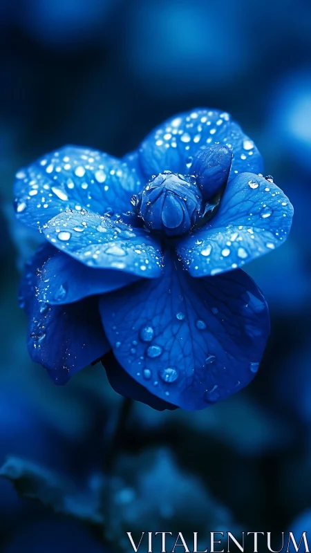 Blue Flower with Dew Drops in Soft Focus.