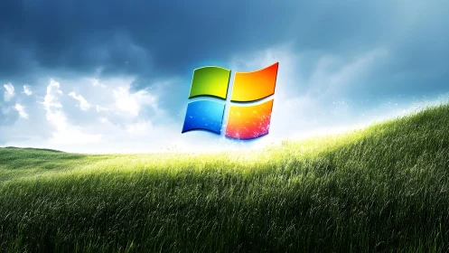 Windows logo floating over lush grassy field, digital art style.