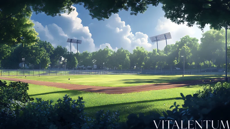 Sunny track field wrapped in trees and soft morning light.