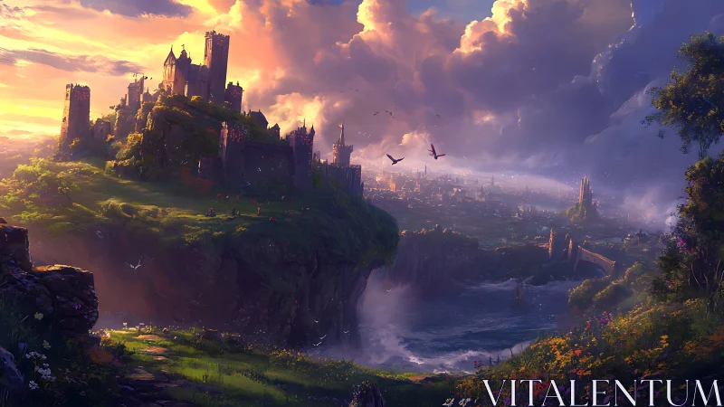 Sunlit cliffside citadel above cascading fantasy estuary.