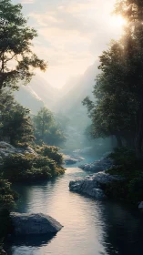 Morning light spills over tranquil forest river valley.