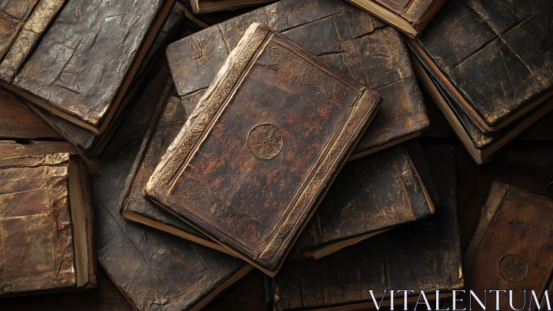 Aged leather-bound folios show heavy wear, tooling, and patina