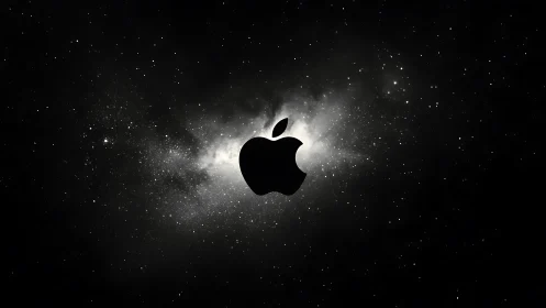 Silhouetted apple emblem rests against luminous starfield glow