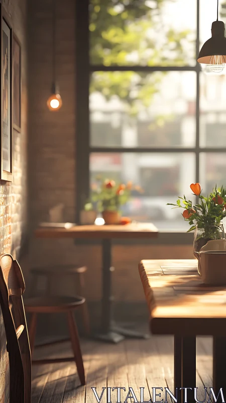 Sunlit rustic caf&eacute; corner with tulips on wooden tables.