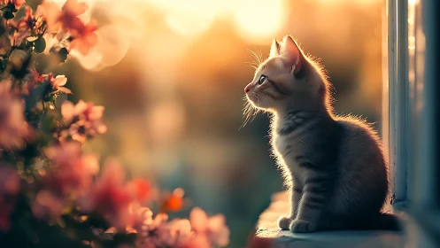 Young kitten sits beside flowering plant in golden sunset light