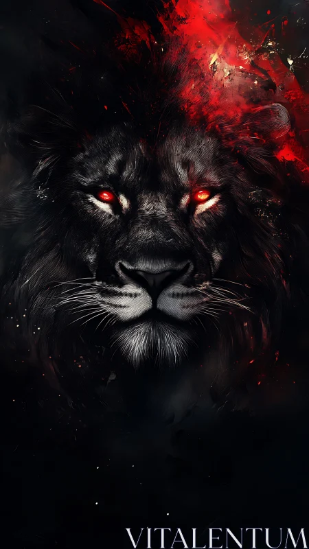 Infernal lion portrait with luminant red eyes and dark nebula
