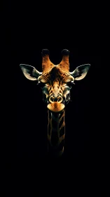 Giraffe portrait glows against deep black negative space.