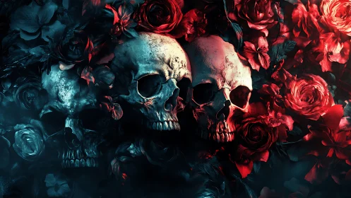 Crimson roses gently frame three weathered skulls in shadow