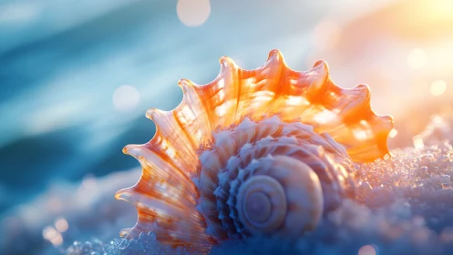 Spiral seashell on wet sand in warm coastal backlight.