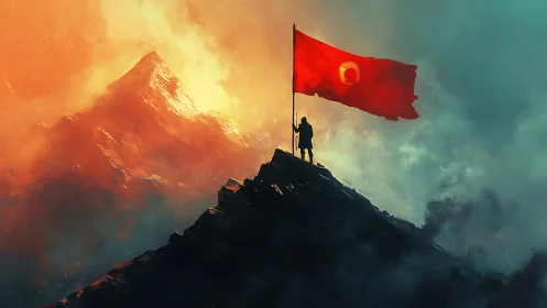 Lone climber claiming a fiery summit beneath bold red flag.