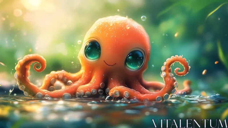Bright-eyed baby octopus basking in soft ocean light.